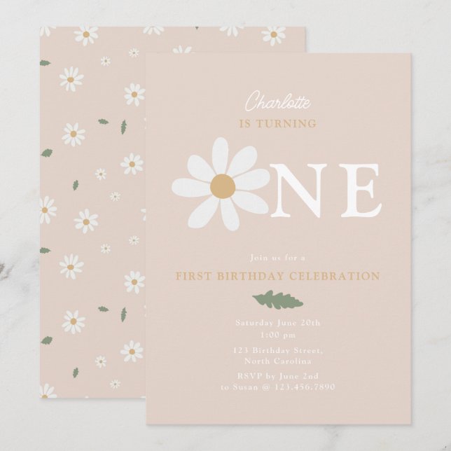 Invitación Cute Daisy Flower 1st Birthday Girl Pink (Anverso / Reverso)