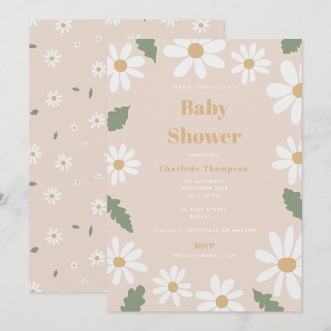 Invitación Cute Daisy Flower Baby Shower Girl Pink (Anverso / Reverso)