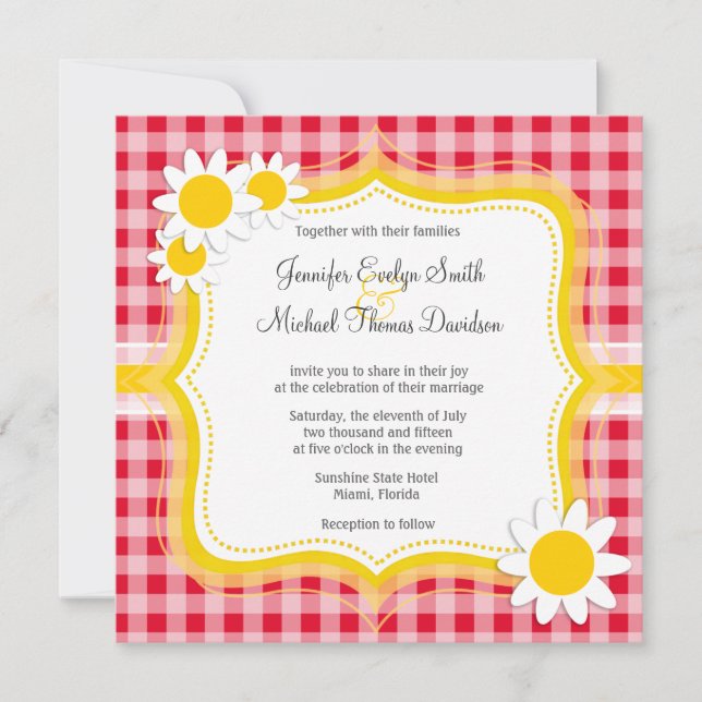 Invitación Cute Daisy sobre el patrón de Gingham rojo retro S (Anverso)