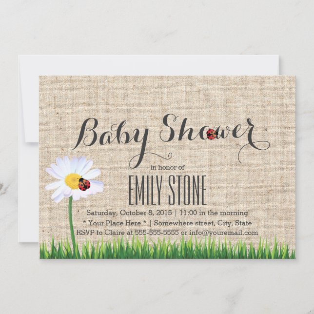 Invitación Cute Daisy y Ladybugs Burlap Baby Shower (Anverso)