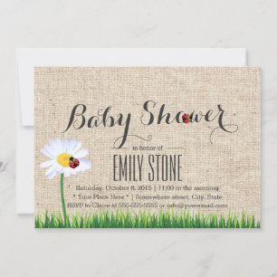 Invitación Cute Daisy y Ladybugs Burlap Baby Shower