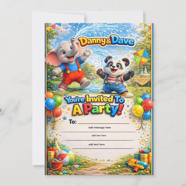 Invitación Cute Danny y Dave elefante y panda cumpleaños infa (Anverso)
