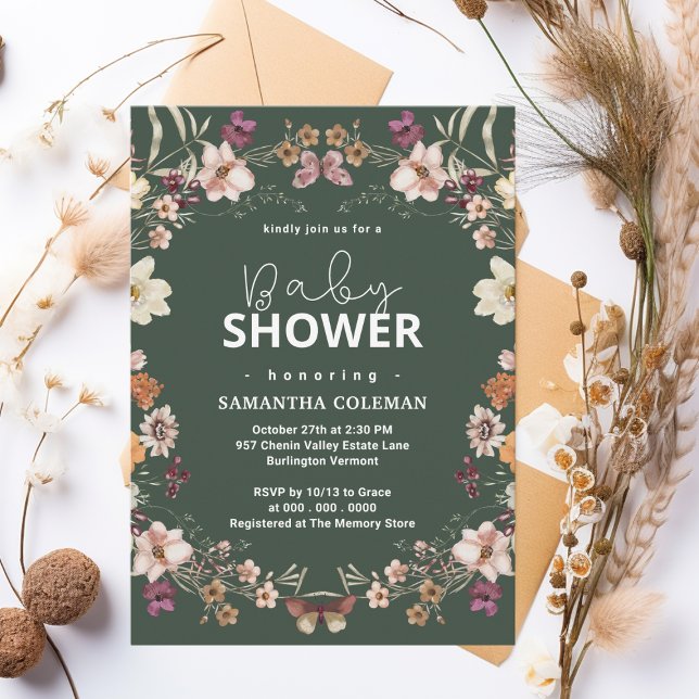 Invitación Cute Dark Green Boho Wildflower Moderno Baby Showe (Subido por el creador)
