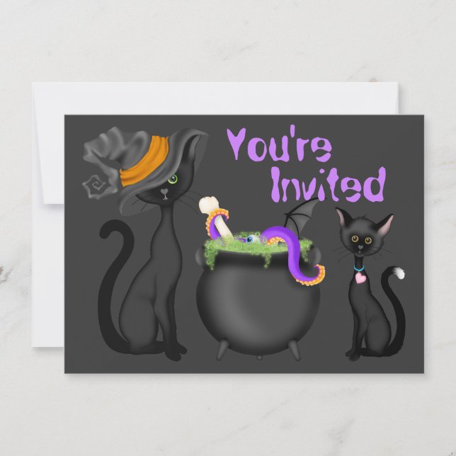 Invitación Cute de gatos negros y Cauldron Halloween Baby Sho (Anverso)