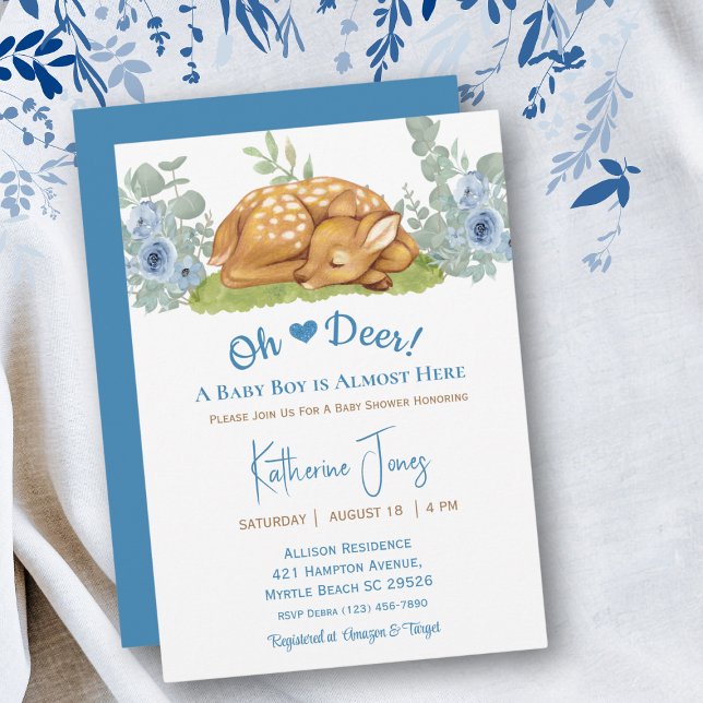 Invitación Cute Deer Boy Watercolor Floral Baby Shower (Subido por el creador)