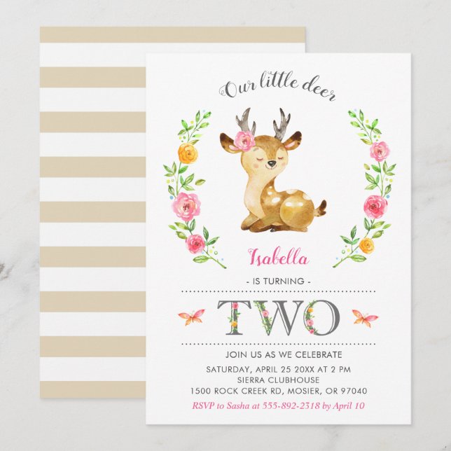 Invitación Cute Deer Chica Woodland Floral 2do cumpleaños (Anverso / Reverso)