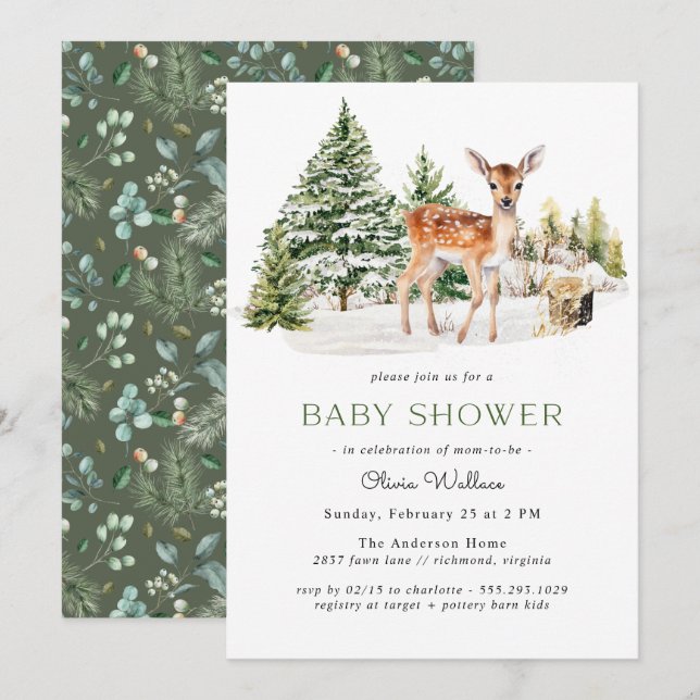 Invitación Cute Deer Fawn | Neutral Rustic Winter Baby Shower (Anverso / Reverso)