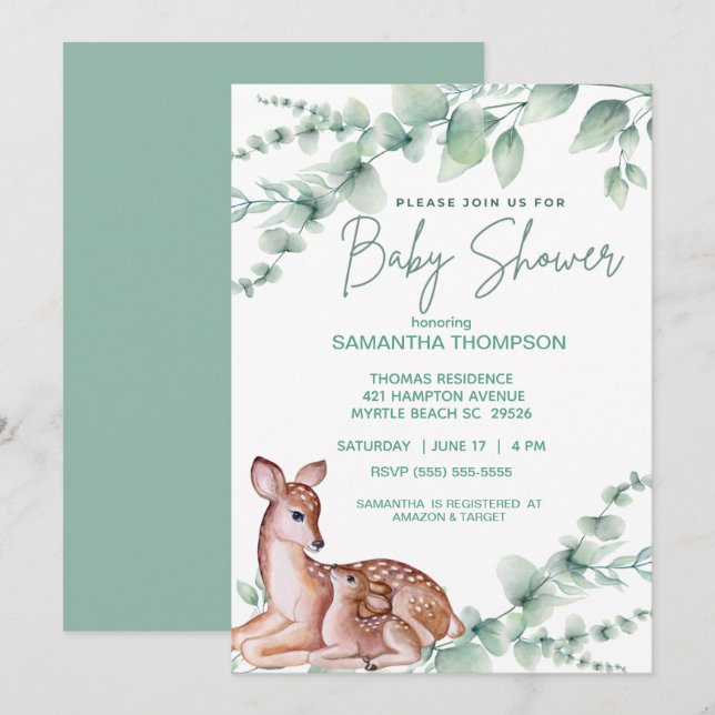 Invitación Cute Deer Mom Fawn Greenery Boys Baby Shower (Anverso / Reverso)