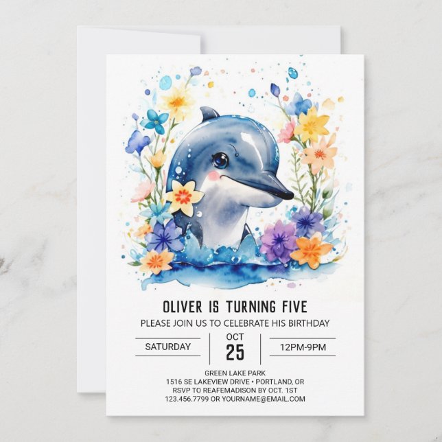 Invitación Cute delfín acuarela Adventure Cumpleaños (Anverso)