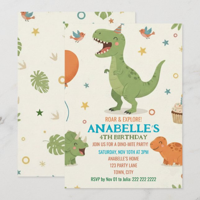 Invitación Cute Dino Birthday Party Invitation (Anverso / Reverso)