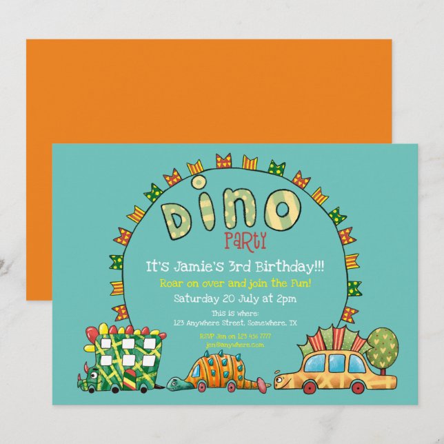Invitación Cute Dino Carros Dinosaurios Niños Amarillos Verde (Anverso / Reverso)