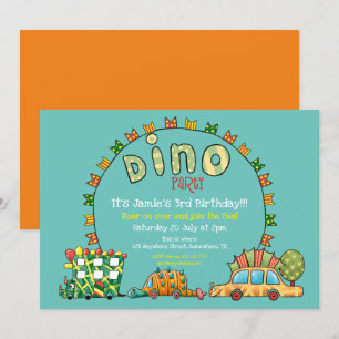 Invitación Cute Dino Carros Dinosaurios Niños Amarillos Verde