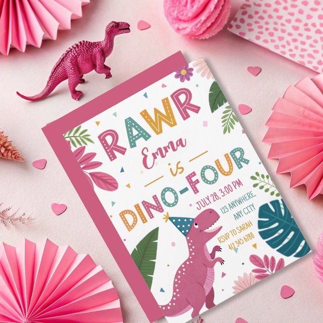 Invitación Cute Dino-Cuatro Chicas de dinosaurios rosados (Subido por el creador)