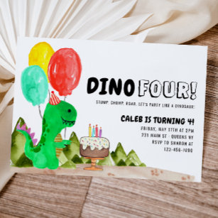 Invitación Cute Dino CUATRO copas de globo Dinosaurio 4º cump