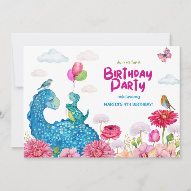 Invitación Cute Dino Fiesta Dinosauries Acuarela Cumpleaños (Anverso)