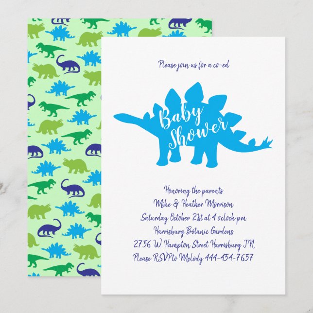 Invitación Cute Dinosaur Baby Shower Stegosaurus Blue Boy (Anverso / Reverso)