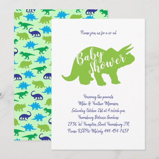 Invitación Cute Dinosaur Baby Shower Triceratops Blue Boy (Anverso / Reverso)