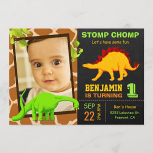 Invitación Cute Dinosaur Chalkboard 1Foto Fiesta de cumpleaño