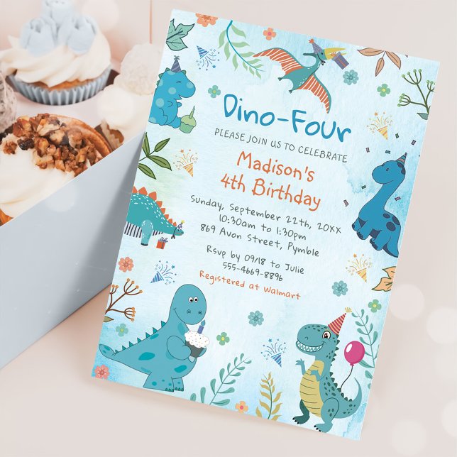 Invitación Cute Dinosaur Dino Cuatro Fiestas de Cumpleaños (Subido por el creador)
