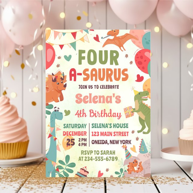 Invitación Cute Dinosaur Four-A-Saurus Cuarto Fiesta de Cumpl (Subido por el creador)