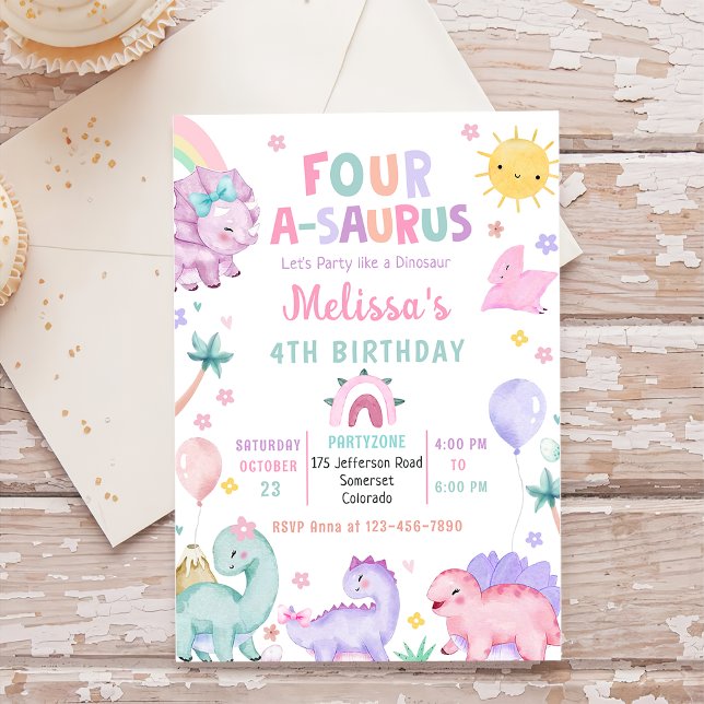 Invitación Cute Dinosaur Four-A-Saurus Cuarto Fiesta de Cumpl (Subido por el creador)