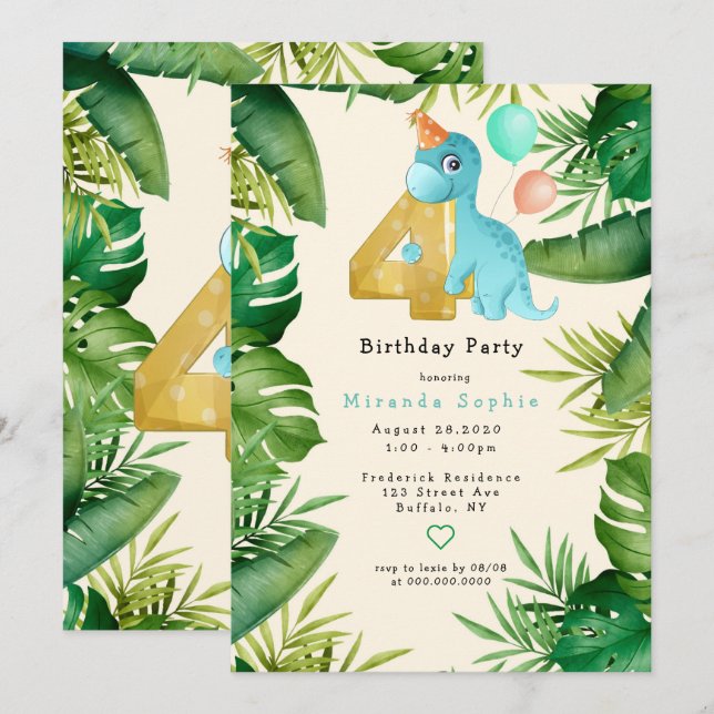 Invitación Cute Dinosaur Green deja a cuarto Fiesta de cumple (Anverso / Reverso)