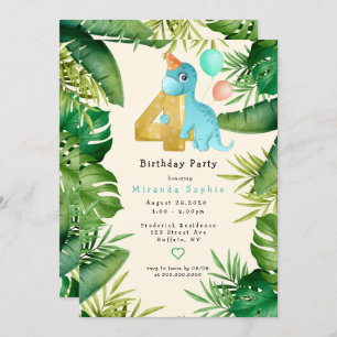 Invitación Cute Dinosaur Green deja a cuarto Fiesta de cumple