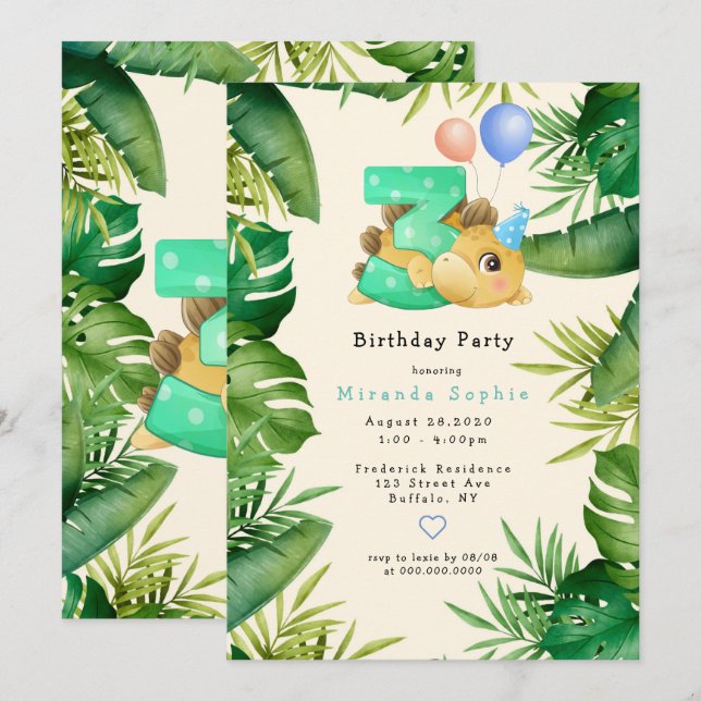 Invitación Cute Dinosaur Green deja a Fiesta de tercer cumple (Anverso / Reverso)