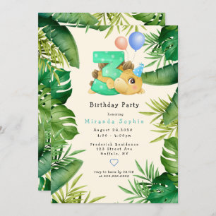 Invitación Cute Dinosaur Green deja a Fiesta de tercer cumple