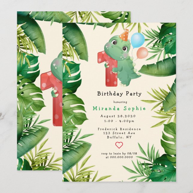 Invitación Cute Dinosaur Green Leaves Primer Fiesta de cumple (Anverso / Reverso)