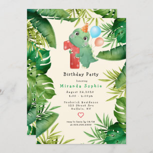 Invitación Cute Dinosaur Green Leaves Primer Fiesta de cumple