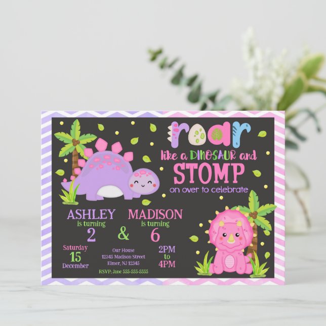 Invitación Cute Dinosaur Joint Birthday  (Anverso de pie)