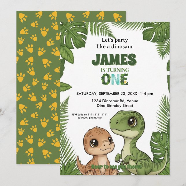 Invitación Cute Dinosaur Jungle First Birthday Invitation (Anverso / Reverso)