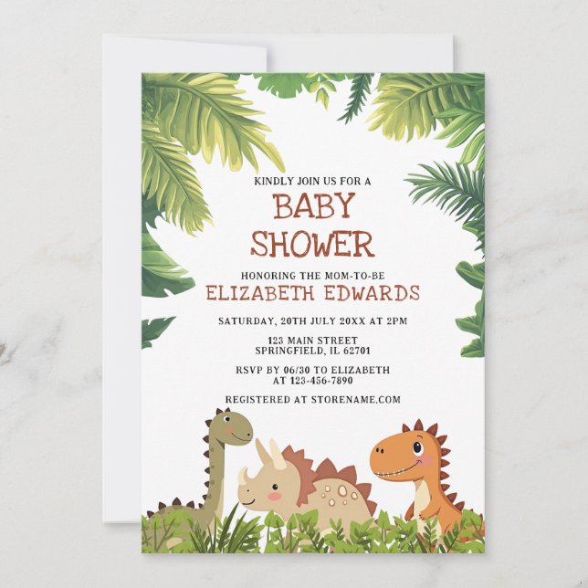 Invitación Cute Dinosaur Jurassic Greenery Baby Shower (Anverso)