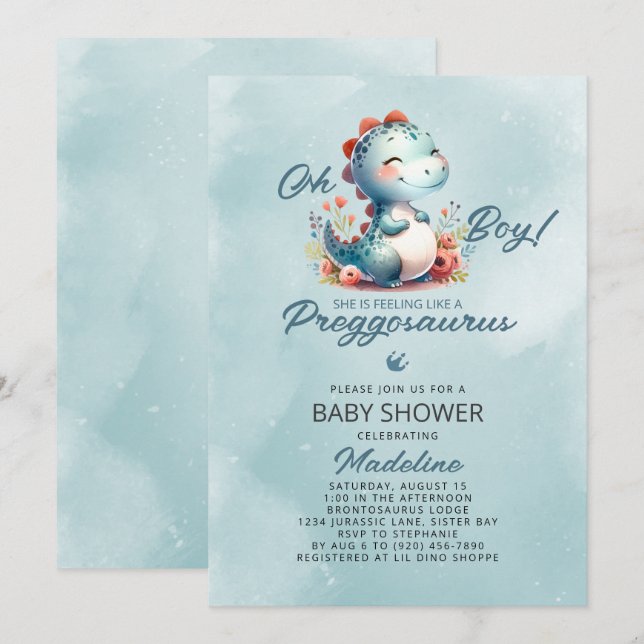 Invitación Cute Dinosaur Preggosauro Baby Shower (Anverso / Reverso)