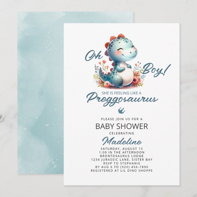 Invitación Cute Dinosaur Preggosauro Baby Shower (Anverso / Reverso)