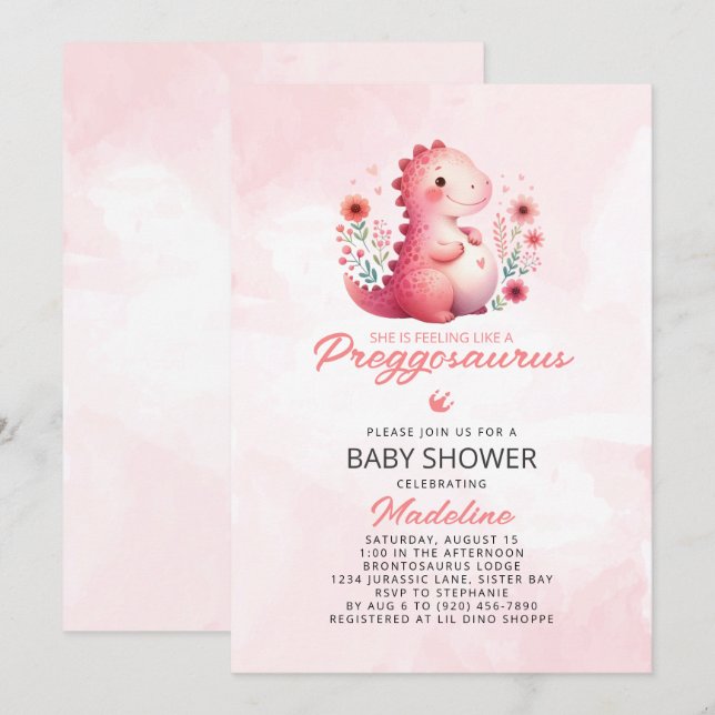 Invitación Cute Dinosaur Preggosauro Baby Shower (Anverso / Reverso)