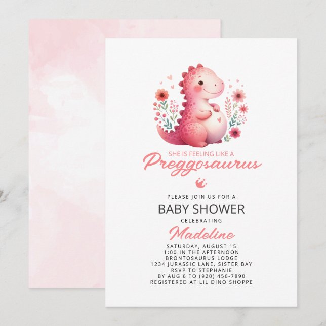 Invitación Cute Dinosaur Preggosauro Baby Shower (Anverso / Reverso)