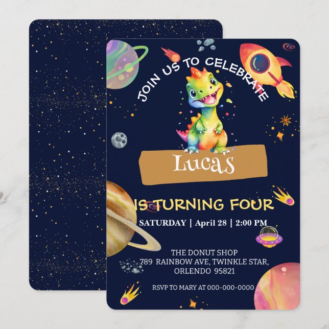 Invitación Cute Dinosaur rainbow Galaxia espacio fiesta de cu (Anverso / Reverso)