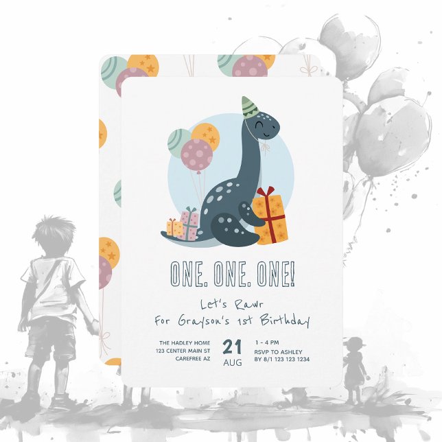 Invitación Cute Dinosaur Rawr Blue Primer cumpleaños (Subido por el creador)