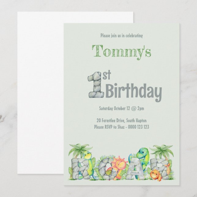 Invitación Cute Dinosaur Roar Primer Birthday Boys (Anverso / Reverso)