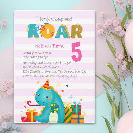 Invitación Cute Dinosaur Stomp Chomp and roar Birthday Girl