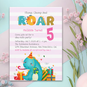 Invitación Cute Dinosaur Stomp Chomp and roar Birthday Girl