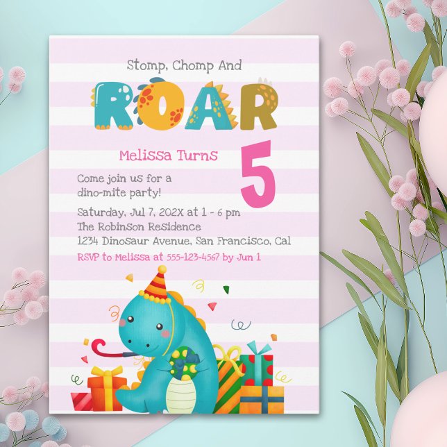 Invitación Cute Dinosaur Stomp Chomp and roar Birthday Girl (Subido por el creador)