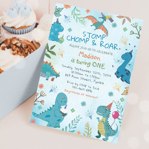 Invitación Cute Dinosaur Stomp Chomp Roar Primer Fiesta de cu