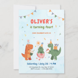 Invitación cute dinosaur t-rex kids 4th Birthday Invitation  