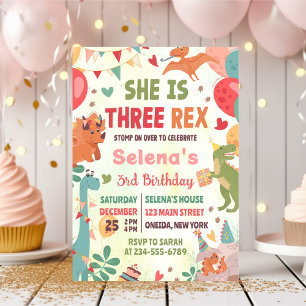 Invitación Cute Dinosaur Tres Rex Tercer Fiesta de Cumpleaños