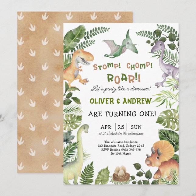 Invitación Cute Dinosaur Twin Boys Cumpleaños Jurásico Fiesta (Anverso / Reverso)