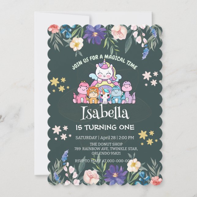 Invitación Cute Dinosaur Unicorn arcoíris Floral niños de cum (Anverso)