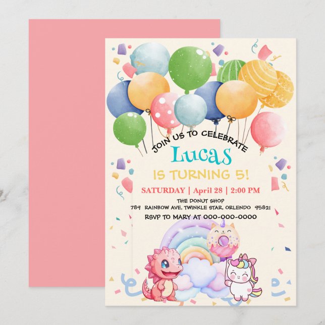Invitación Cute Dinosaur Unicorn Rainbow donut patrón de glob (Anverso / Reverso)